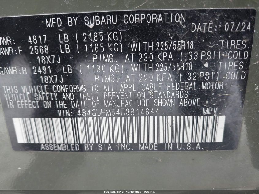 2024 Subaru Crosstrek Limited VIN: 4S4GUHM64R3814644 Lot: 43871212