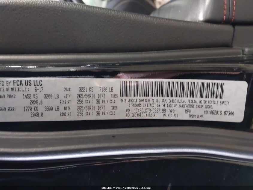 2017 Dodge Durango R/T Awd VIN: 1C4SDJCT3HC937198 Lot: 43871213