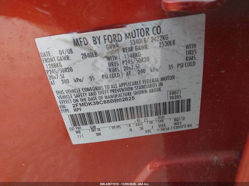 2FMDK39C88BB02825 2008 FORD EDGE photo no. 9