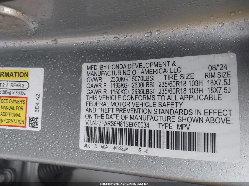 2025 Honda Cr-V Hybrid Sport-L VIN: 7FARS6H81SE030034 Lot: 43871226