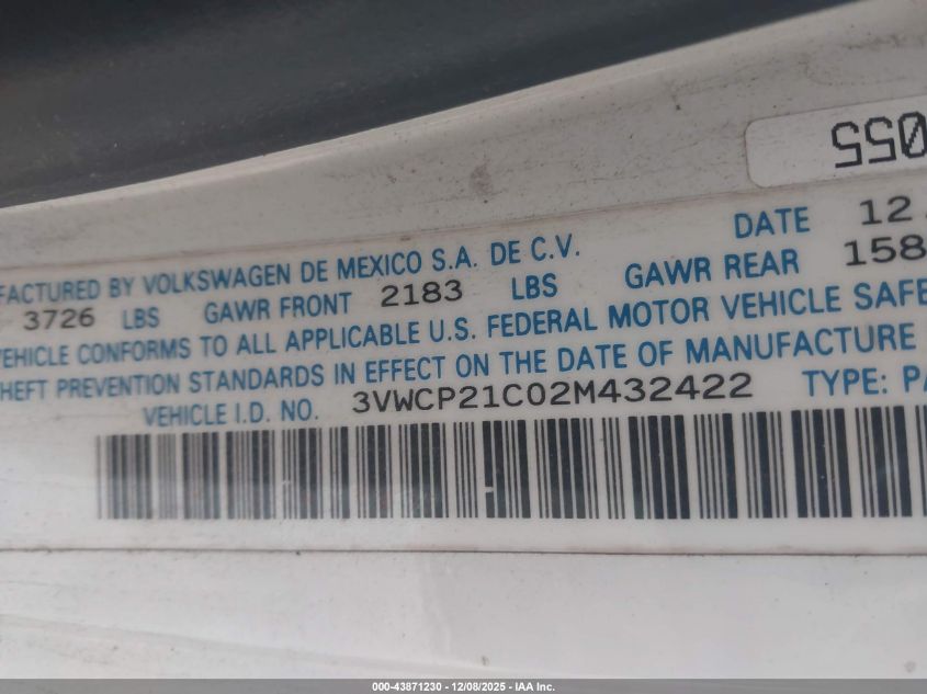 2002 Volkswagen New Beetle Gls Tdi VIN: 3VWCP21C02M432422 Lot: 43871230