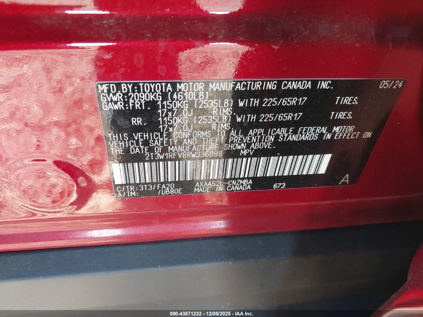 2024 Toyota Rav4 Xle VIN: 2T3W1RFV8RW336888 Lot: 43871232