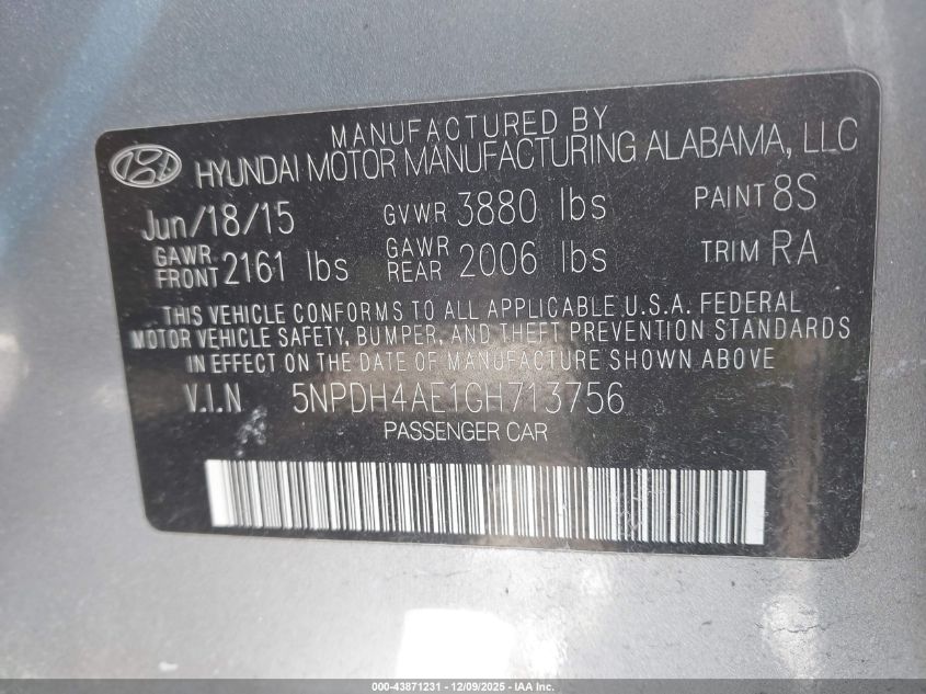 2016 Hyundai Elantra Se VIN: 5NPDH4AE1GH713756 Lot: 43871231