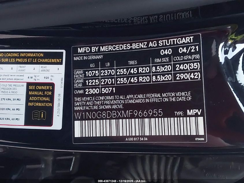 2021 Mercedes-Benz Glc 300 Suv VIN: W1N0G8DBXMF966955 Lot: 43871248