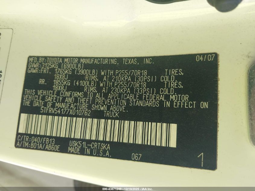 2007 Toyota Tundra Sr5 V8 VIN: 5TFRV54177X010762 Lot: 43871249