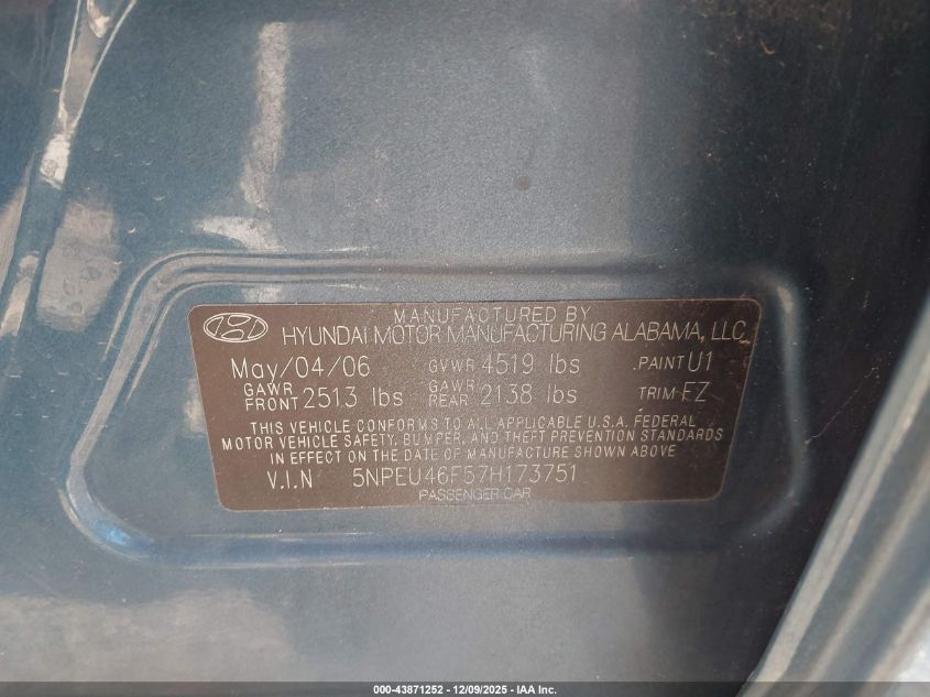 2007 Hyundai Sonata Limited/Se V6 VIN: 5NPEU46F57H173751 Lot: 43871252