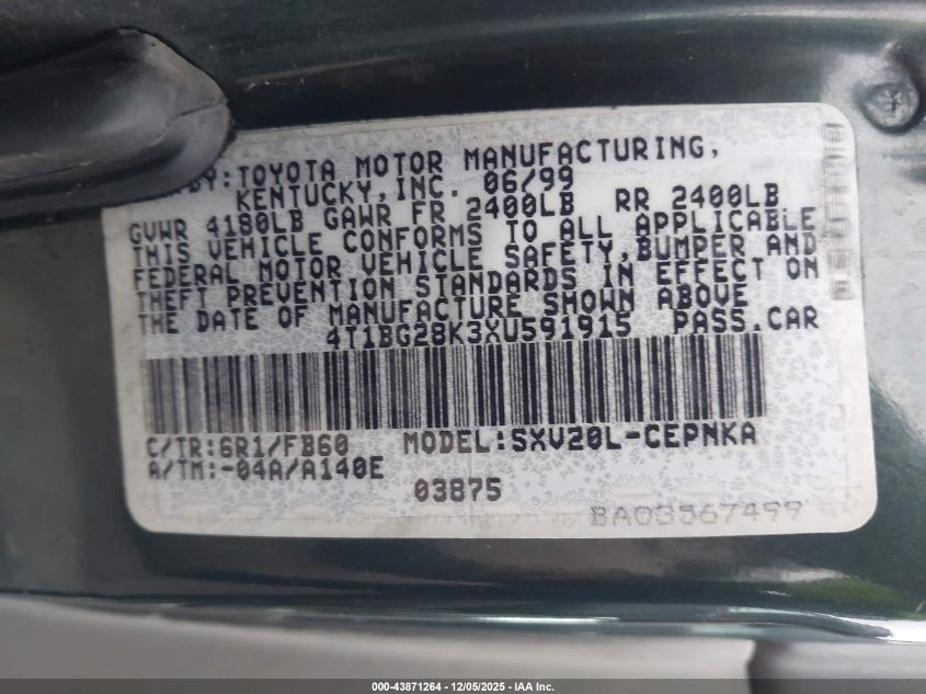 1999 Toyota Camry Le VIN: 4T1BG28K3XU591915 Lot: 43871264