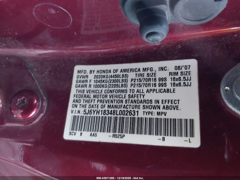2008 Honda Element Lx VIN: 5J6YH18348L002631 Lot: 43871265