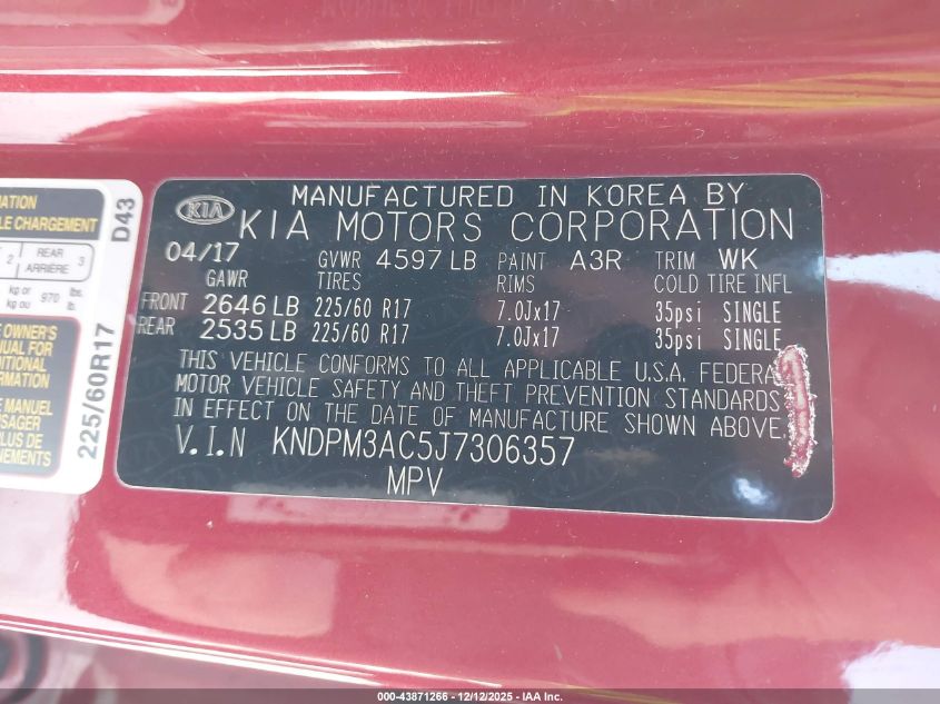 2018 Kia Sportage Lx VIN: KNDPM3AC5J7306357 Lot: 43871266