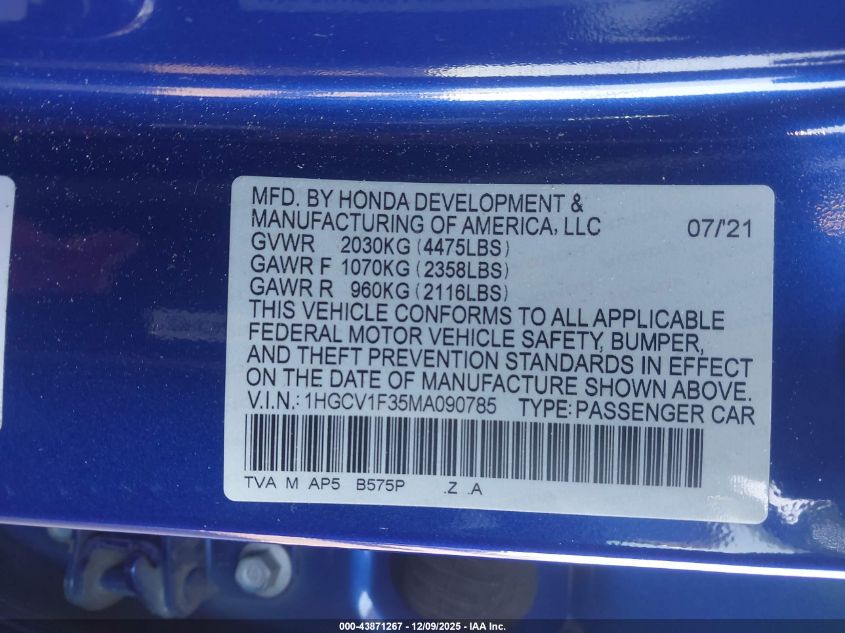 2021 Honda Accord Sport VIN: 1HGCV1F35MA090785 Lot: 43871267