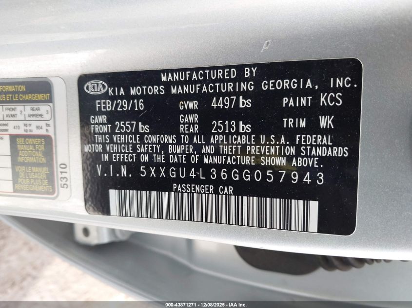 2016 Kia Optima Ex VIN: 5XXGU4L36GG057943 Lot: 43871271