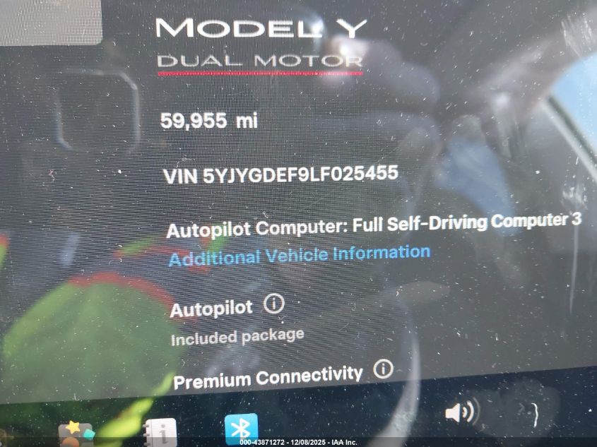 2020 Tesla Model Y VIN: 5YJYGVEF9LF025455 Lot: 43871272