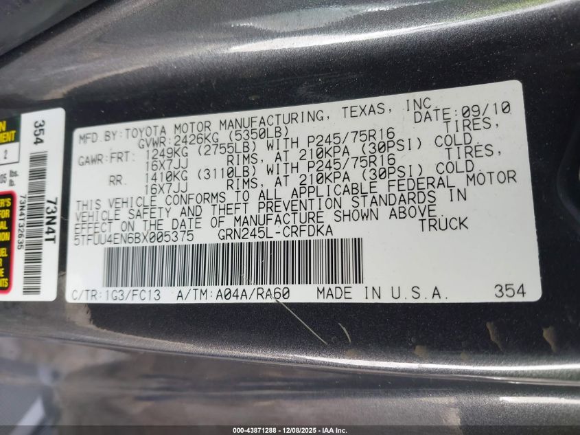 2011 Toyota Tacoma Base V6 VIN: 5TFUU4EN6BX005375 Lot: 43871288