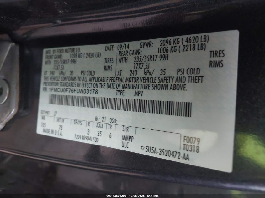 2015 Ford Escape S VIN: 1FMCU0F76FUA03178 Lot: 43871299