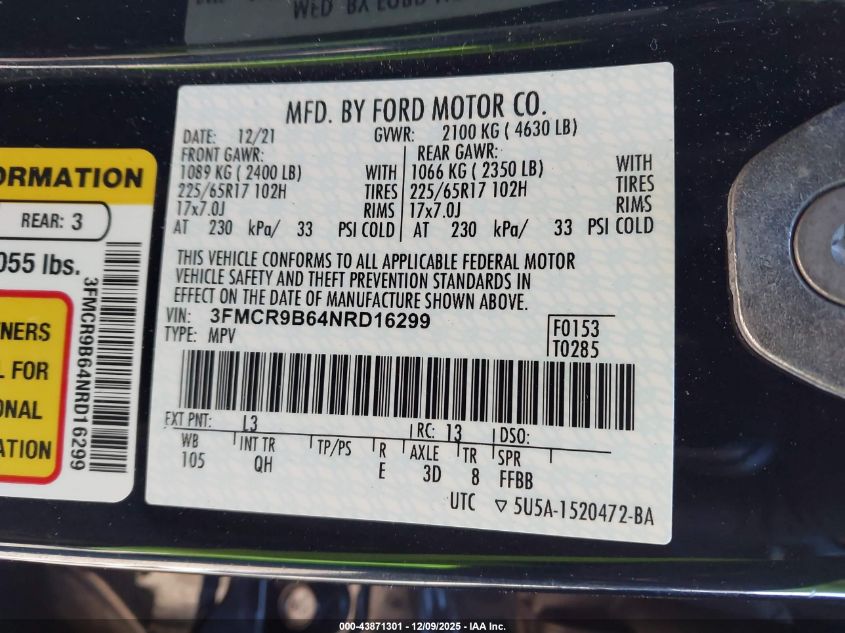 2022 Ford Bronco Sport Big Bend VIN: 3FMCR9B64NRD16299 Lot: 43871301