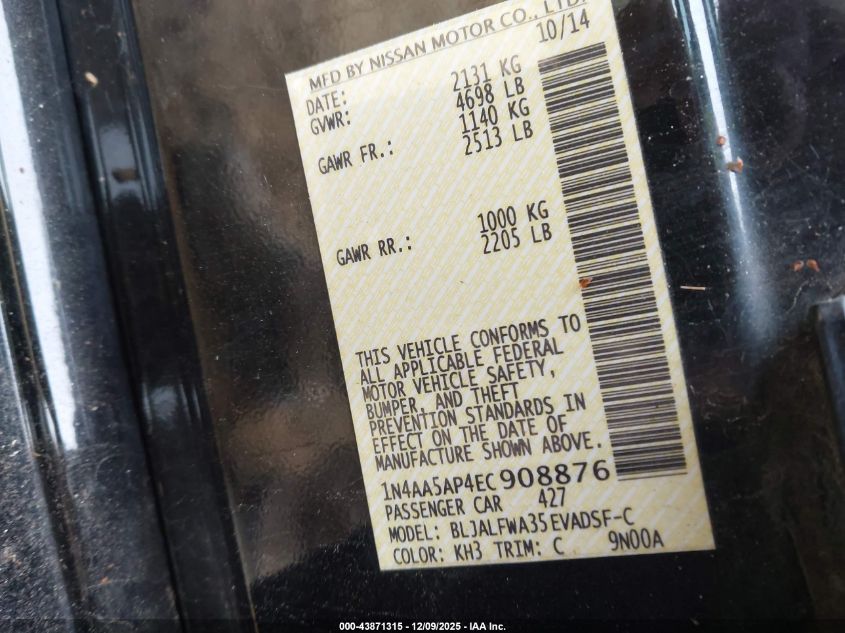 2014 Nissan Maxima 3.5 Sv VIN: 1N4AA5AP4EC908876 Lot: 43871315