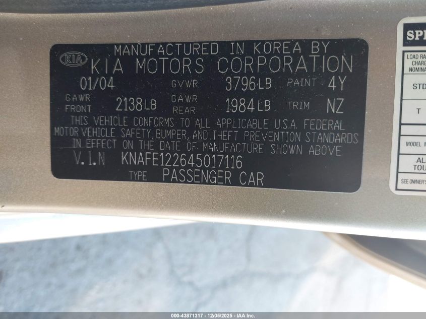 2004 Kia Spectra Ex/Lx VIN: KNAFE122645017116 Lot: 43871317