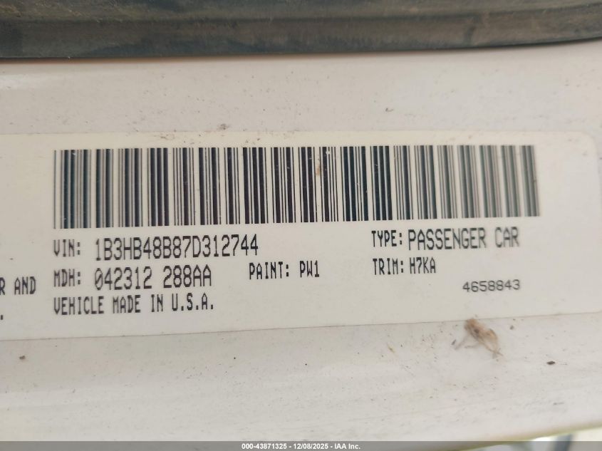 2007 Dodge Caliber Sxt VIN: 1B3HB48B87D312744 Lot: 43871325