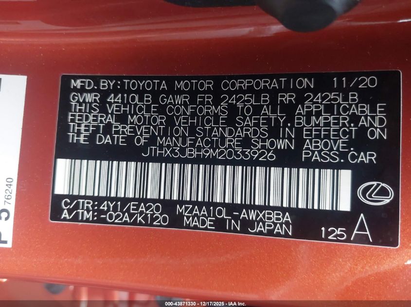 2021 Lexus Ux 200 VIN: JTHX3JBH9M2033926 Lot: 43871330