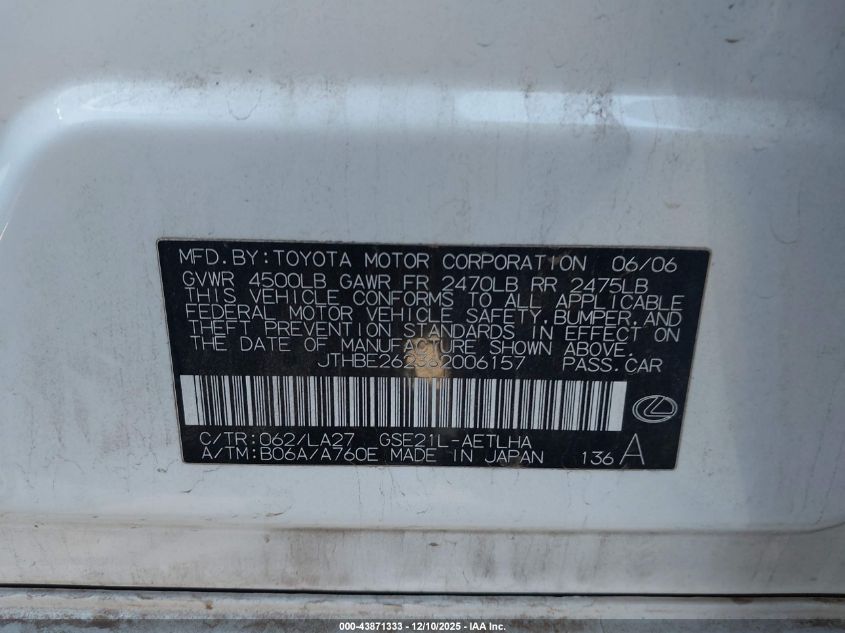 2006 Lexus Is 350 VIN: JTHBE262362006157 Lot: 43871333