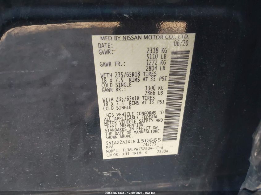 2020 Nissan Murano S Fwd VIN: 5N1AZ2AJXLN150665 Lot: 43871334