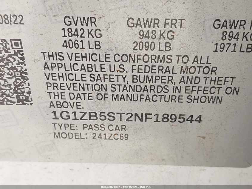 2022 Chevrolet Malibu Fwd Ls VIN: 1G1ZB5ST2NF189544 Lot: 43871337