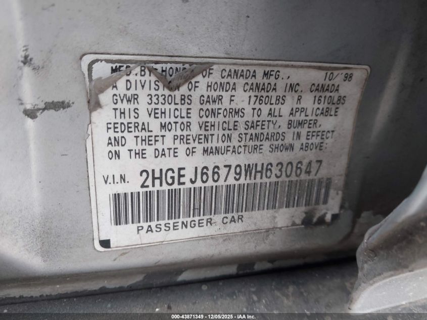 1998 Honda Civic Lx VIN: 2HGEJ6679WH630647 Lot: 43871349
