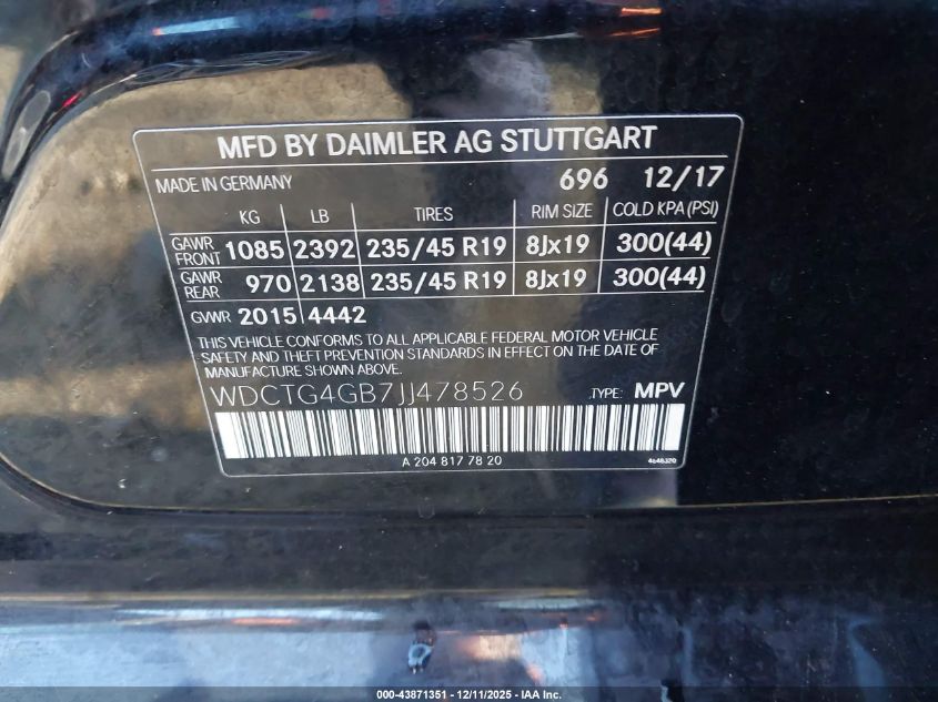 2018 Mercedes-Benz Gla 250 4Matic VIN: WDCTG4GB7JJ478526 Lot: 43871351