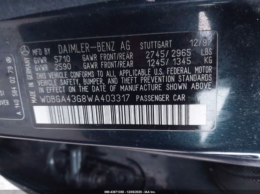 1998 Mercedes-Benz S 420 VIN: WDBGA43G8WA403317 Lot: 43871358