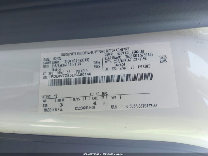 2020 Ford Transit-350 Cab VIN: 1FDBW7Z85LKA50146 Lot: 43871362