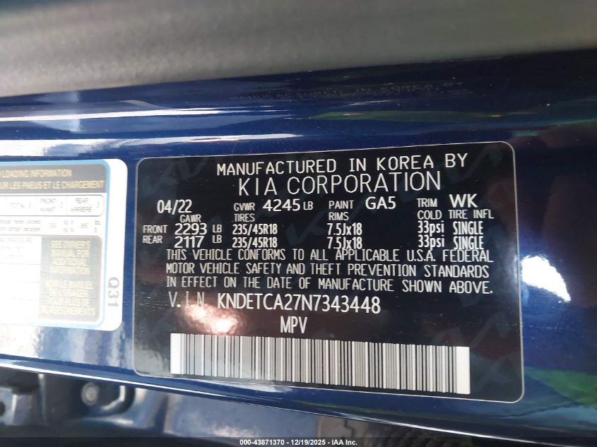 2022 Kia Seltos Sx Turbo VIN: KNDETCA27N7343448 Lot: 43871370