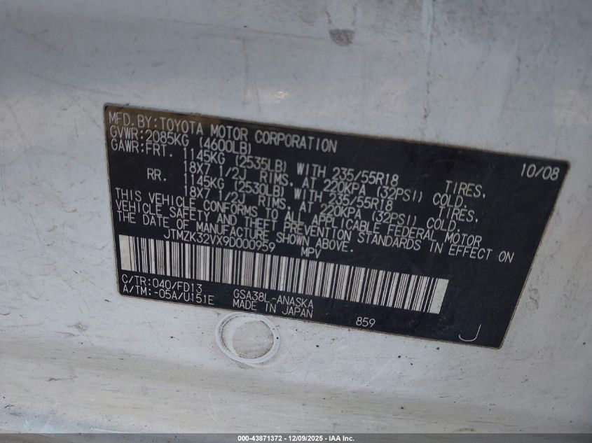 2009 Toyota Rav4 Sport V6 VIN: JTMZK32VX9D000959 Lot: 43871372