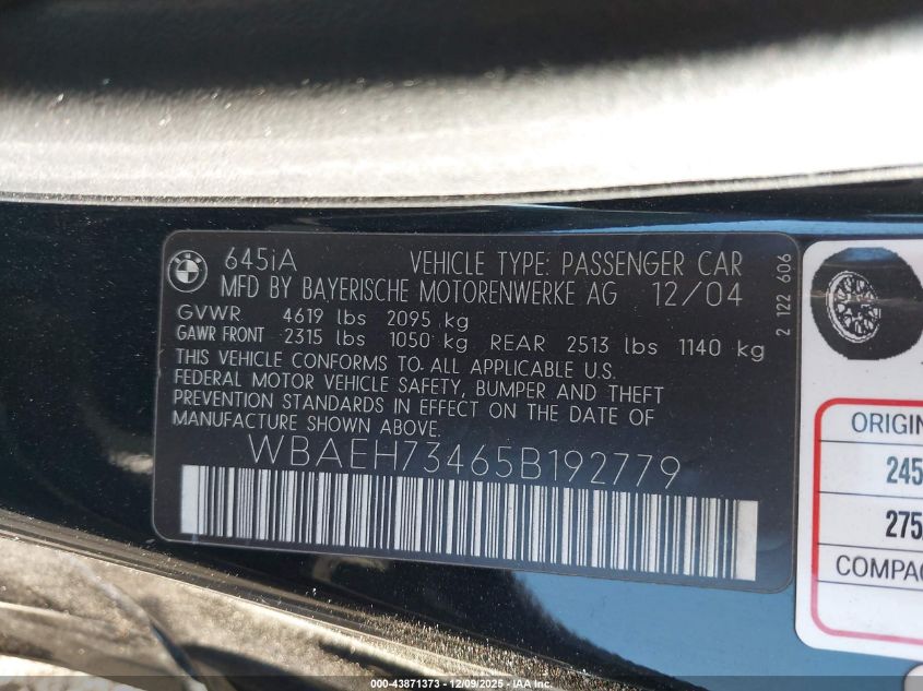 2005 BMW 645Ci VIN: WBAEH73465B192779 Lot: 43871373