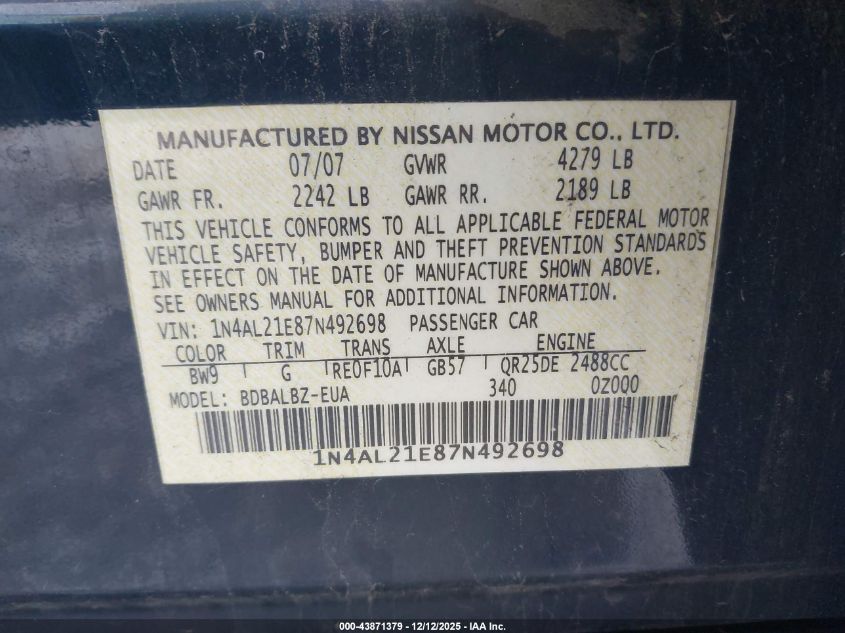 2007 Nissan Altima 2.5/2.5S VIN: 1N4AL21E87N492698 Lot: 43871379