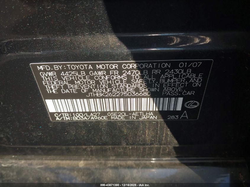 2007 Lexus Is 250 VIN: JTHBK262275036680 Lot: 43871380