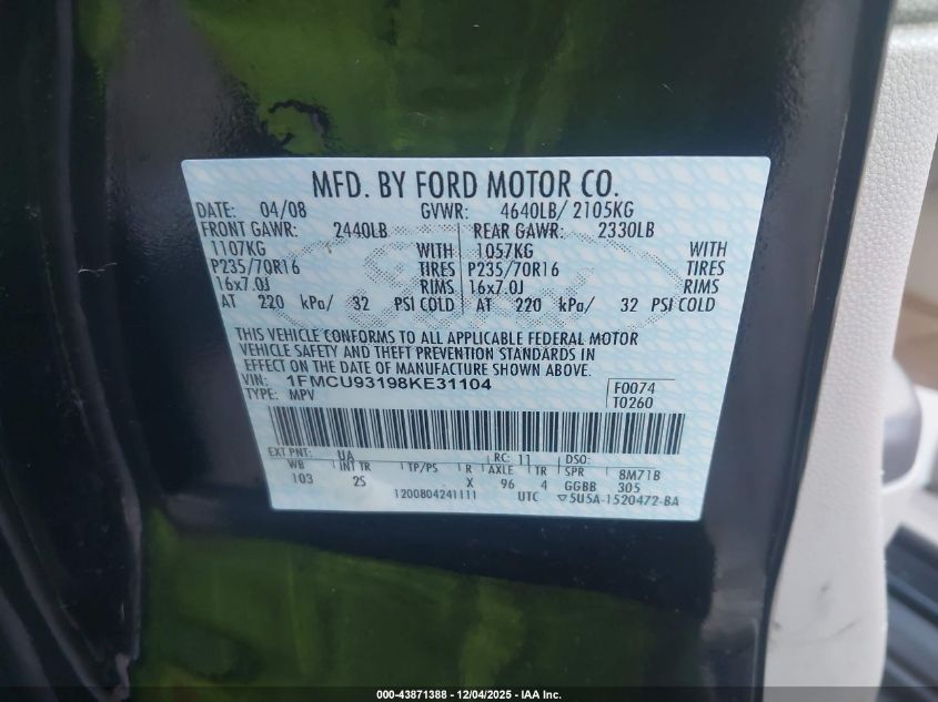 2008 Ford Escape Xlt VIN: 1FMCU93198KE31104 Lot: 43871388