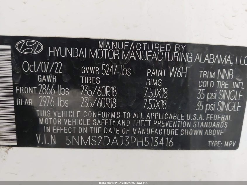 2023 Hyundai Santa Fe Sel VIN: 5NMS2DAJ3PH513416 Lot: 43871391