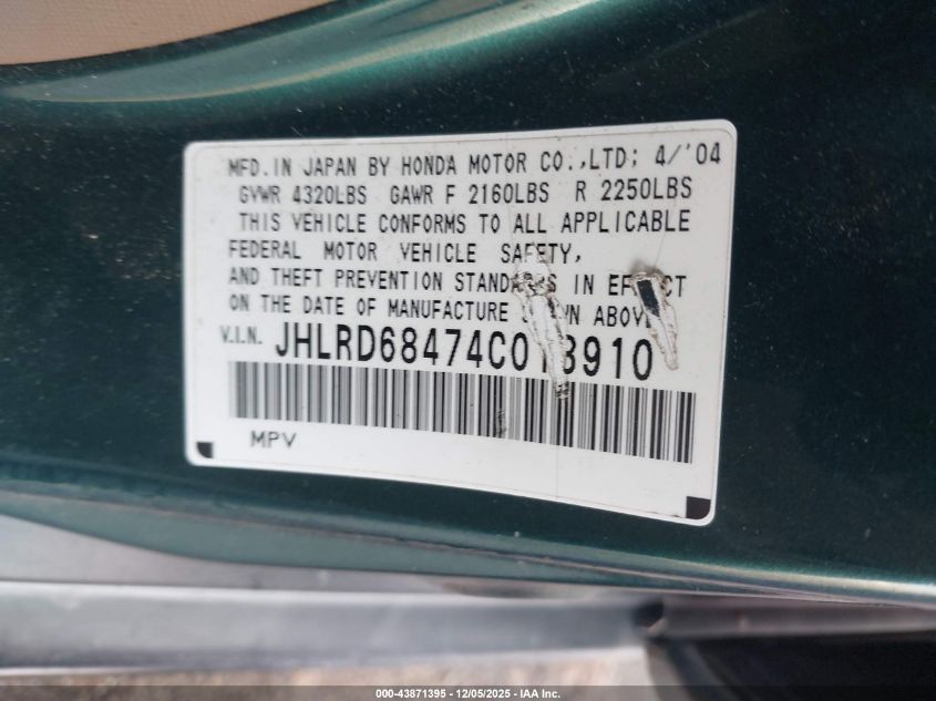 2004 Honda Cr-V Lx VIN: JHLRD68474C013910 Lot: 43871395