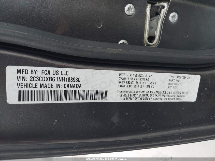 2022 Dodge Charger Sxt Rwd VIN: 2C3CDXBG1NH188930 Lot: 43871396