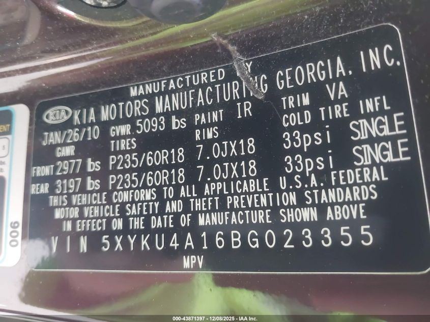 2011 Kia Sorento Ex VIN: 5XYKU4A16BG023355 Lot: 43871397