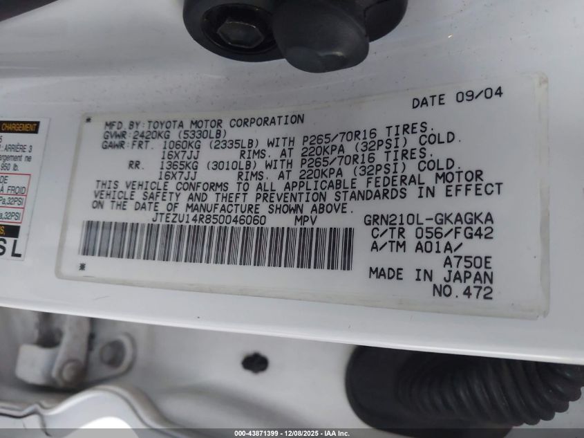 2005 Toyota 4Runner Sr5 V6 VIN: JTEZU14R850046060 Lot: 43871399