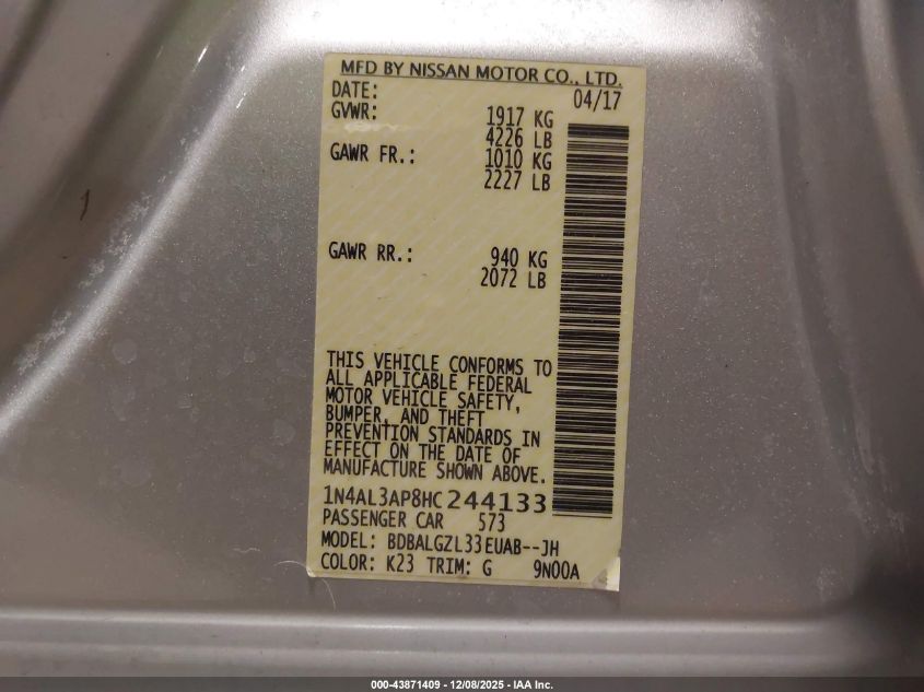 2017 Nissan Altima 2.5 S VIN: 1N4AL3AP8HC244133 Lot: 43871409