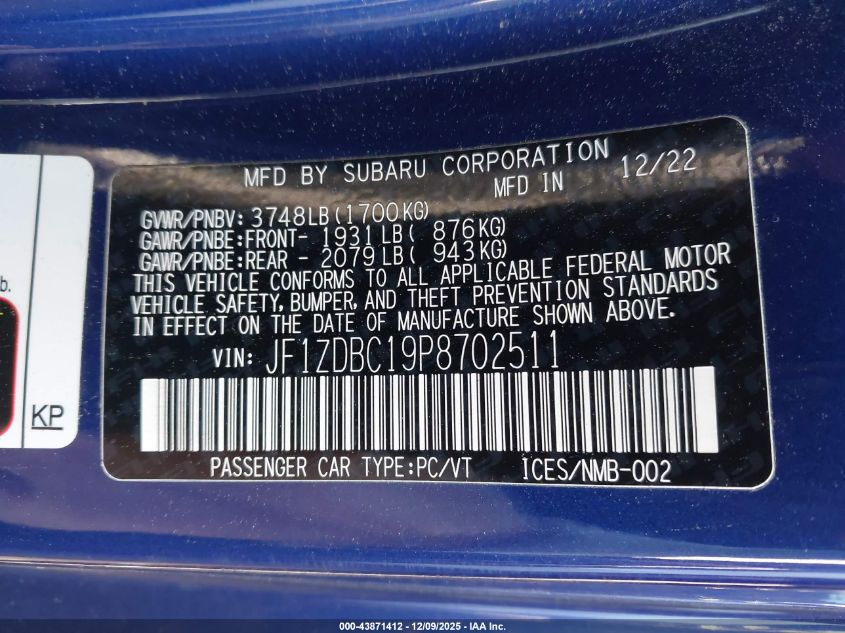 2023 Subaru Brz Premium VIN: JF1ZDBC19P8702511 Lot: 43871412