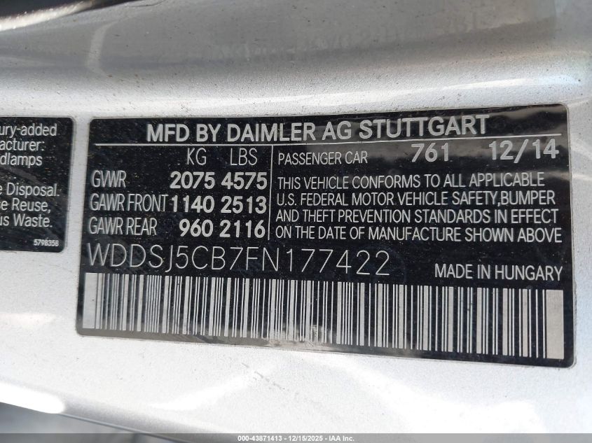 2015 Mercedes-Benz Cla 45 Amg 4Matic VIN: WDDSJ5CB7FN177422 Lot: 43871413