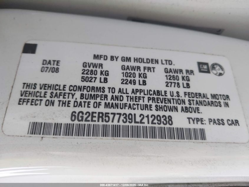 2009 Pontiac G8 VIN: 6G2ER57739L212938 Lot: 43871417