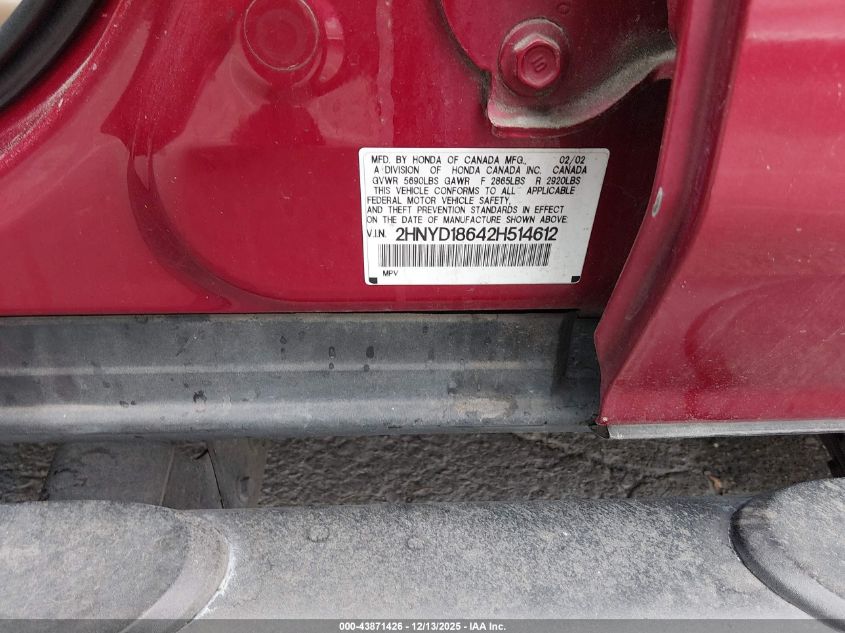 2002 Acura Mdx VIN: 2HNYD18642H514612 Lot: 43871426