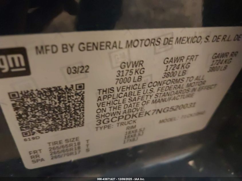 2022 Chevrolet Silverado 1500 4Wd Short Bed Lt With 2Fl VIN: 3GCPDKEK7NG520031 Lot: 43871427