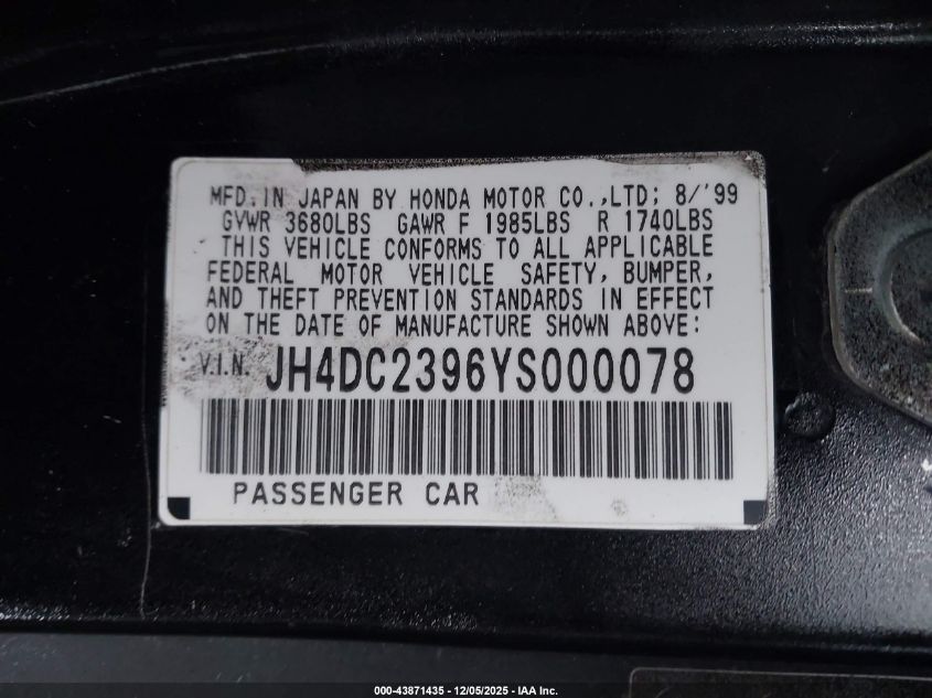 2000 Acura Integra Gs-R VIN: JH4DC2396YS000078 Lot: 43871435