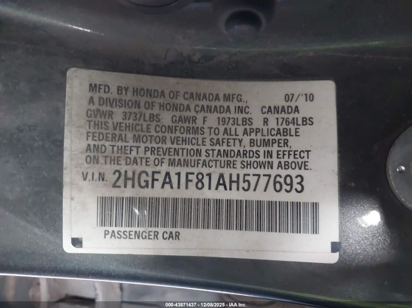 2010 Honda Civic Ex VIN: 2HGFA1F81AH577693 Lot: 43871437