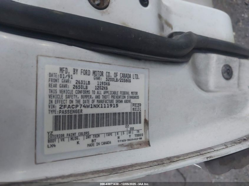 1992 Ford Crown Victoria Lx VIN: 2FACP74W1NX111915 Lot: 43871438